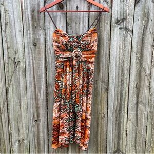 Y2K Ruby Rox Orange Brown and Green Patterned Midi Babydoll Fairycore Dress S